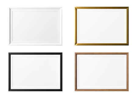 Set of horizontal picture frames isolated on white background. White, black, shiny golden and wooden...