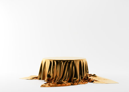 Podium with golden silk material on the white background. Elegant podium for product, cosmetic presentation. Luxury mock up. Pedestal or platform for beauty products. Empty scene. 3D rendering.の写真素材