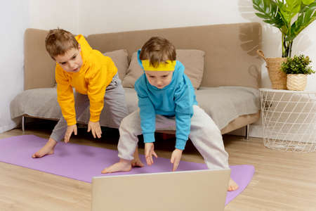 Two little caucasian kids doing fitness exercises at home. Children have fun during sport. Boys make...