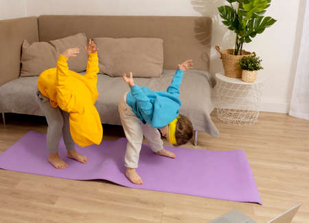 Two little caucasian kids doing fitness exercises at home. Children have fun during sport. Boys make training, looking at computer. Sport, yoga online. Workout in the apartment. Healthy lifestyle.の写真素材