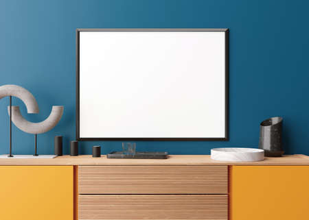 Empty horizontal picture frame on blue wall in modern living room. Mock up interior in minimalist,...