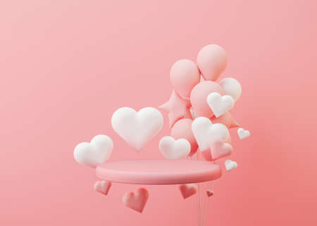 Pink podium with hearts, balloons flying in the air. Valentines Day, Wedding, Anniversary. Podium for product, cosmetic presentation. Mockup. Pedestal or platform for beauty products. 3D illustrationの写真素材