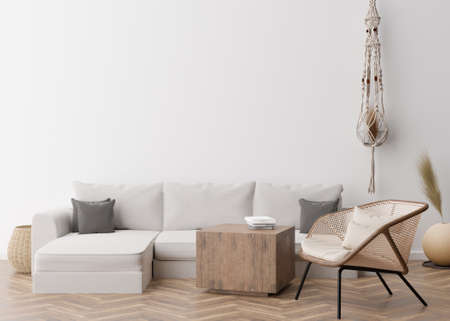 Empty white wall in modern living room. Mock up interior in scandinavian, boho style. Free space, copy space for your picture or poster. Rattan armchair, sofa, pampas grass, macrame. 3D rendering.の写真素材