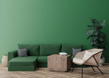 Empty green wall in modern living room. Mock up interior in contemporary style. Free space, copy space for your picture or poster. Rattan armchair, sofa, monstera plant. 3D rendering.の写真素材