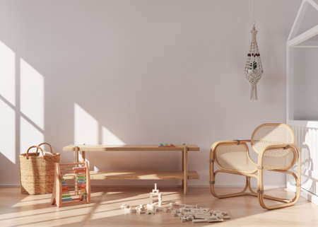 Empty white wall in modern child room. Mock up interior in scandinavian, boho style. Copy space for...