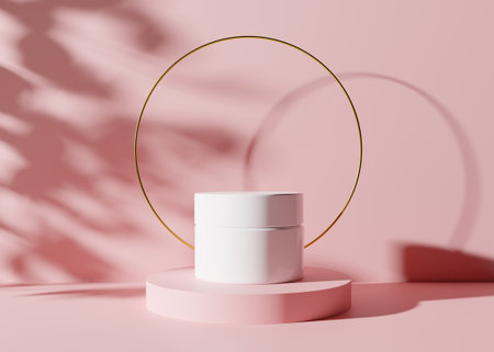 White and blank, unbranded cosmetic cream jar standing on pink podium with golden ring and leaves shadows. Skin care product presentation. Elegant mockup. Skincare, beauty and spa. 3D rendering.の写真素材