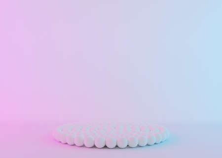 Podium with small balls on white background with neon lights. Modern podium for product, cosmetic presentation. Mock up. Pedestal or platform for beauty products. Empty scene. 3D rendering.の写真素材