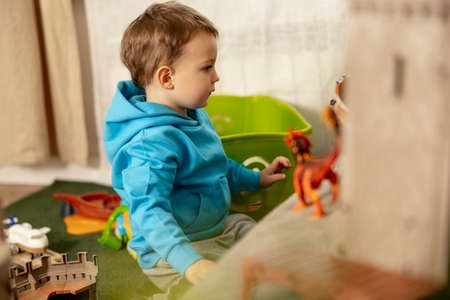 Little caucasian boy with blue hoodie playing with colourful toys at home. Child having fun. Happy and cheerful kid plays with ship, dinosaurs, castle. Leisure activity, domestic life. Cozy room.の写真素材