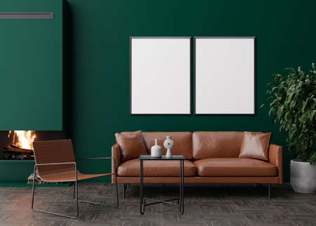 Two empty vertical picture frames on dark green wall in modern living room. Mock up interior in...
