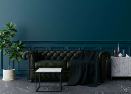 Empty blue wall in modern living room. Mock up interior in classic style. Free space, copy space for your picture, text, or another design. Leather sofa, plant, sideboard. 3D rendering.の写真素材