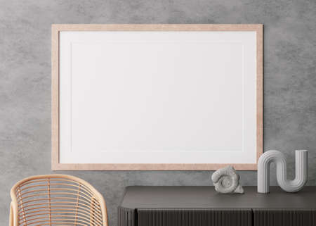Empty horizontal picture frame on concrete wall in modern living room. Mock up interior in...