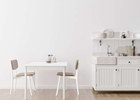 Empty white wall in modern kitchen. Mock up interior in minimalist, contemporary style. Free space,...