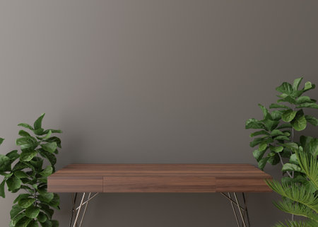 Empty brown wall. Mock up interior in contemporary style. Close up view. Free space, copy space for your picture, text, or another design. Sideboard, plants. 3D rendering.の写真素材