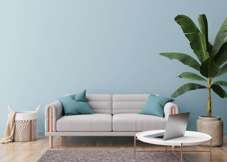 Empty light blue wall in modern living room. Mock up interior in contemporary, scandinavian style....