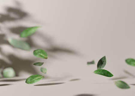 Empty scene with leaves, flying in the air on light brown background. Template for product, cosmetic presentation. Natural mock up. Free, copy space. 3D rendering.の写真素材