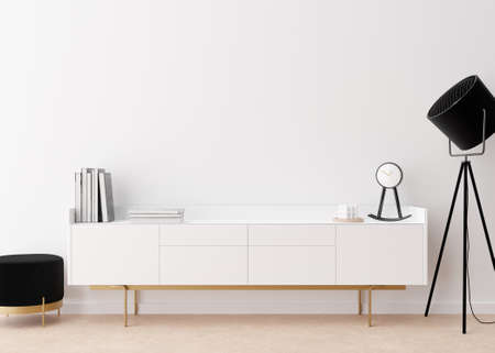Empty white wall in modern living room. Mock up interior in contemporary, scandinavian style. Free, copy space for picture, poster, text, or another design. Console, lamp, books. 3D rendering.の写真素材