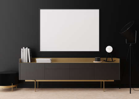 Empty horizontal picture frame on black wall in modern living room. Mock up interior in contemporary...