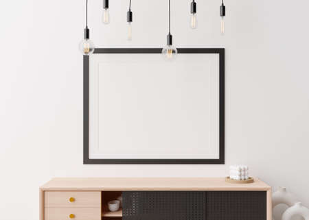 Empty picture frame on white wall in modern living room. Mock up interior in minimalist,...