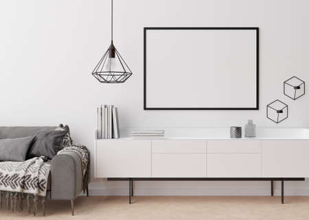 Empty black picture frame on white wall in modern living room. Mock up interior in contemporary style. Free space, copy space for your picture, poster. Sofa, sideboard, lamp, books. 3D rendering.の写真素材