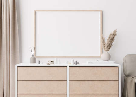 Empty picture frame on white wall in modern bedroom. Mock up interior in scandinavian style. Close...