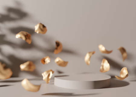 Light brown podium with flying golden flowers petals on the brown background. 3D rendering. Elegant podium for product, cosmetic presentation. Mock up. Pedestal or platform for beauty products.の写真素材
