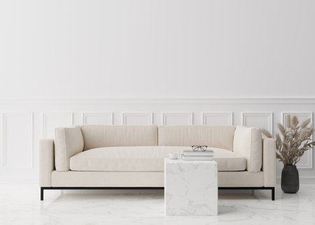 Empty white wall in modern living room. Mock up interior in contemporary style. Free, copy space for picture, poster, text, or another design. Sofa, table, pampas grass. 3D rendering.の写真素材