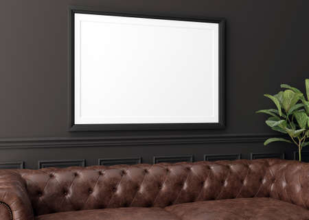 Empty horizontal picture frame on dark wall in modern living room. Mock up interior in contemporary...