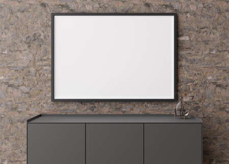 Empty horizontal picture frame on brown stone wall in modern living room. Mock up interior in...
