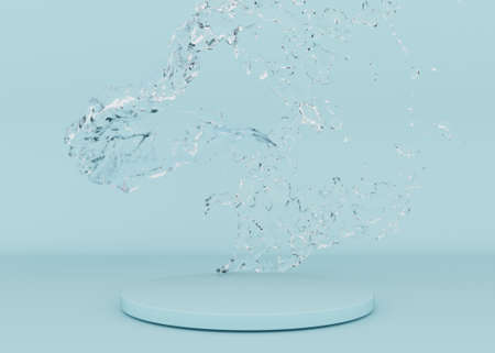 Round podium with water splash on light blue background. Mock up for product, cosmetic presentation. Pedestal or platform for beauty products. Empty scene. Freshness, purity. 3D rendering.の写真素材