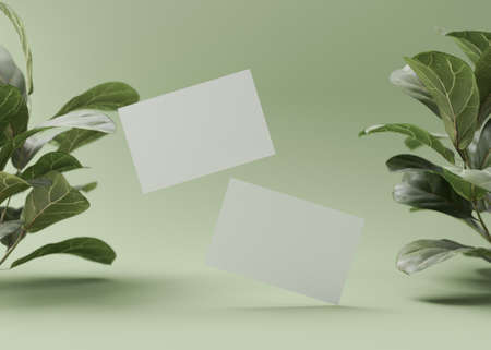 Blank white business cards with plants on green background. Mock up for branding identity. Two cards, to show both sides. Template for graphic designers. Free, copy space. 3D rendering.の写真素材