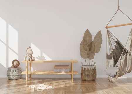 Empty white wall in modern child room. Mock up interior in scandinavian, boho style. Copy space for...
