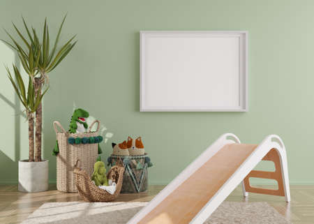 Empty horizontal picture frame on green wall in modern child room. Mock up interior in scandinavian...