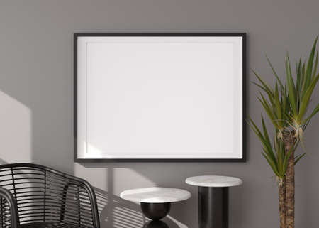 Empty horizontal picture frame on grey wall in modern living room. Mock up interior in contemporary...