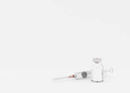 Syringe and blank bottle with vaccine on white background. Vaccine bottle mock up. Medicine, vaccination, healthcare concept. Free, copy space for your text. 3d renderingの写真素材