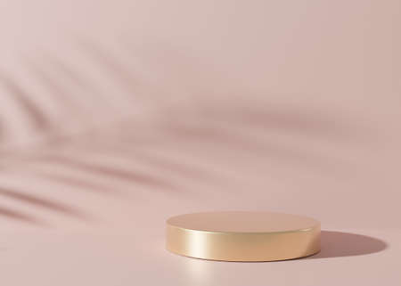 Round golden podium on pink background, with palm leaves shadows. Podium for product, cosmetic presentation. Mock up. Pedestal or platform for beauty products. Empty scene. 3D rendering.の写真素材