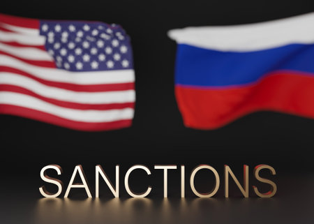 Russian and American flags and text SANCTIONS on black background. Economic, financial, political sanctions. Russian oil and gas embargo. Russian Ukrainian conflict. Stop war, occupation. 3D renderingの写真素材