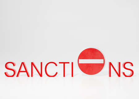 Text SANCTIONS on white background. Economic, financial, political sanctions. Russian oil and gas embargo. Russian Ukrainian conflict. Stop war, occupation. 3D rendering.の写真素材