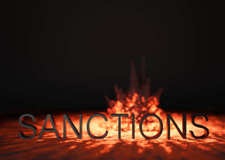 Text SANCTIONS on black background with explosion, fire. Economic, financial, political sanctions. Russian oil and gas embargo. Russian Ukrainian conflict. Stop war, occupation. 3D rendering.の写真素材