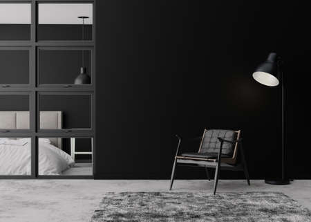 Empty black wall in modern living room. Mock up interior in contemporary, loft style. Free, copy...