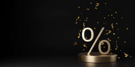 Golden discount sign and falling confetti on black background. Free, copy space for your text. Special offer, good price, deal, shopping. Black friday. 3d rendering.の写真素材