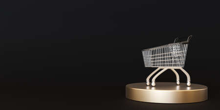 Shopping trolley on the black background with free space for text. Black friday concept. Sale, deal and discount. Closeup, copy space, template for your design. 3D rendering.の写真素材