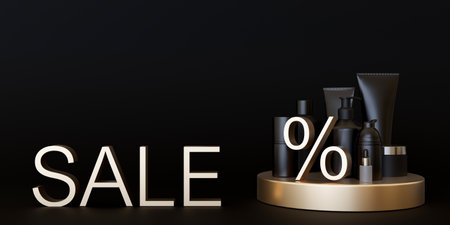Cosmetic products with golden discount sign and text SALE on black background. Copy space. Special offer, good price, deal, shopping. Black friday. Beauty and make-up. 3d rendering.の写真素材