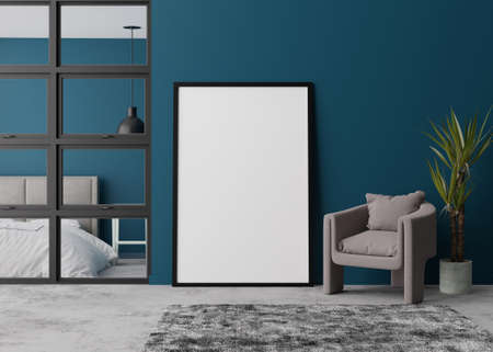 Empty vertical picture frame standing on concrete floor in modern bedroom. Mock up interior in...