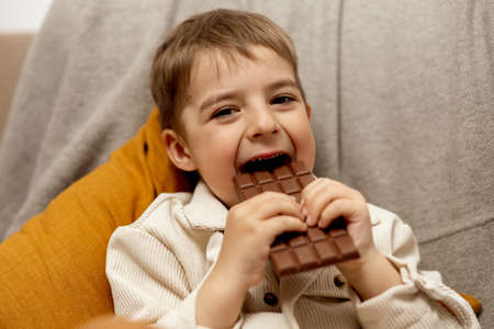 Little adorable boy sitting on the couch at home and eating chocolate bar. Child and sweets, sugar confectionery. Kid enjoy a delicious dessert. Preschool child with casual clothing. Positive emotion.の写真素材