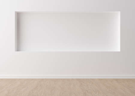 Empty room, white wall and parquet floor. Only wall and floor. Mock up interior. Free, copy space...