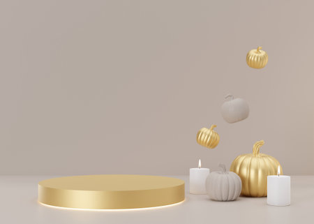 Golden podium with Halloween decoration on beige background. Halloween composition. Scene for product, cosmetic presentation. Trendy mock up. Pedestal, platform, stage for beauty product. 3D renderingの写真素材