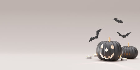 Halloween decoration on gray background. Free, copy space for your text or logo. Halloween banner, mock up design, template for advertising. Black pumpkin, bat, candles. 3D rendering.の写真素材