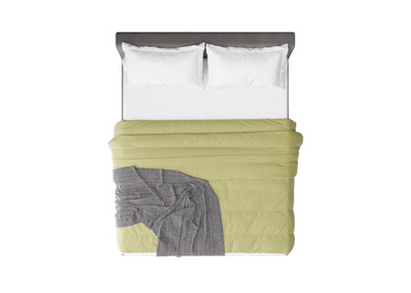 Double bed on white background, isolated. Top view. Grey, white and green bedding. 3D rendering.の写真素材