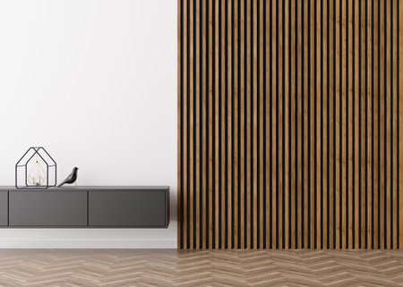 Empty room, white wall with wooden planks and parquet floor. Only wall, floor and sideboard. Mock up...