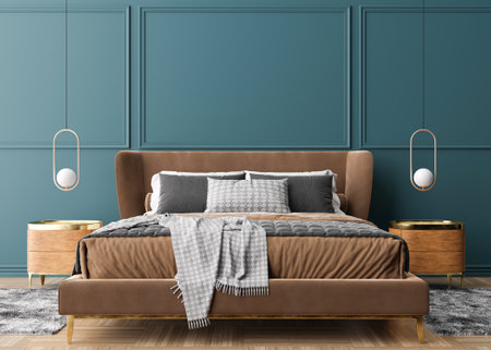 Empty blue wall in modern and cozy bedroom. Mock up interior in contemporary style. Free space, copy...